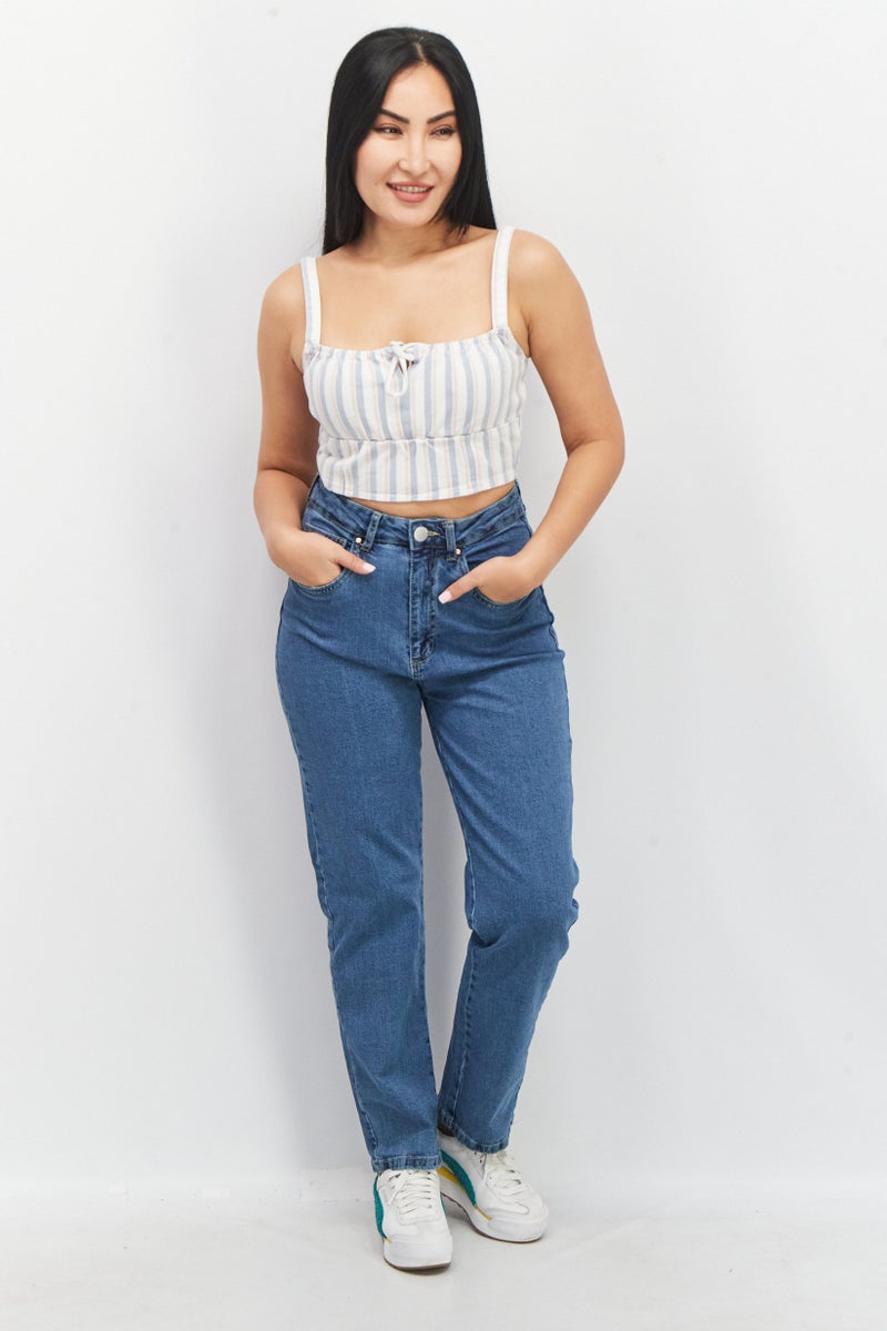 Missguided Women Tie Neck Sleeveless Stripped Crop Top, Off White - Image 2